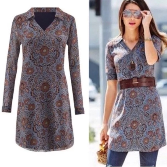 CAbi Provincial Tunic Long Sleeve Dress Boho Floral Teal Blue Brown Sz M - Picture 1 of 13